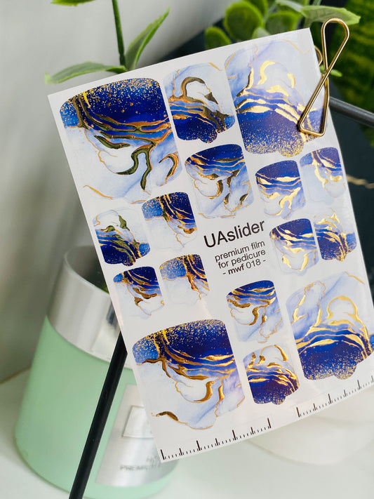 Pedicure nail wrap films mwf-018 | Nail Wrap Films for Pedicure | Blue White Marble with Gold Foil