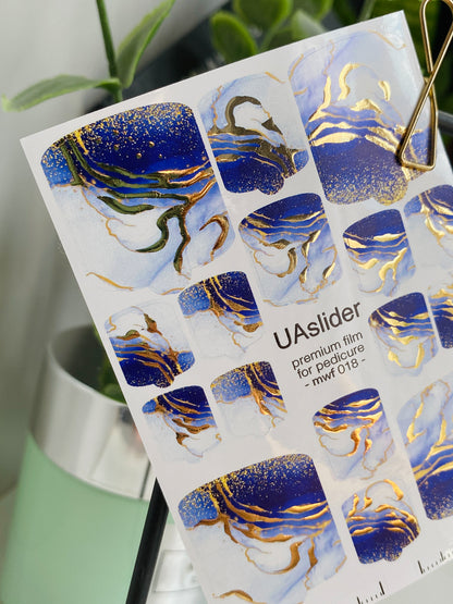 Filme pentru înfășurarea unghiilor pedichiură mwf-018 | Filme pentru înfășurarea unghiilor pedichiură | Marmură albastru alb cu folie aurie