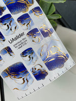 Pedicure nail wrap films mwf-018 | Nail Wrap Films for Pedicure | Blue White Marble with Gold Foil