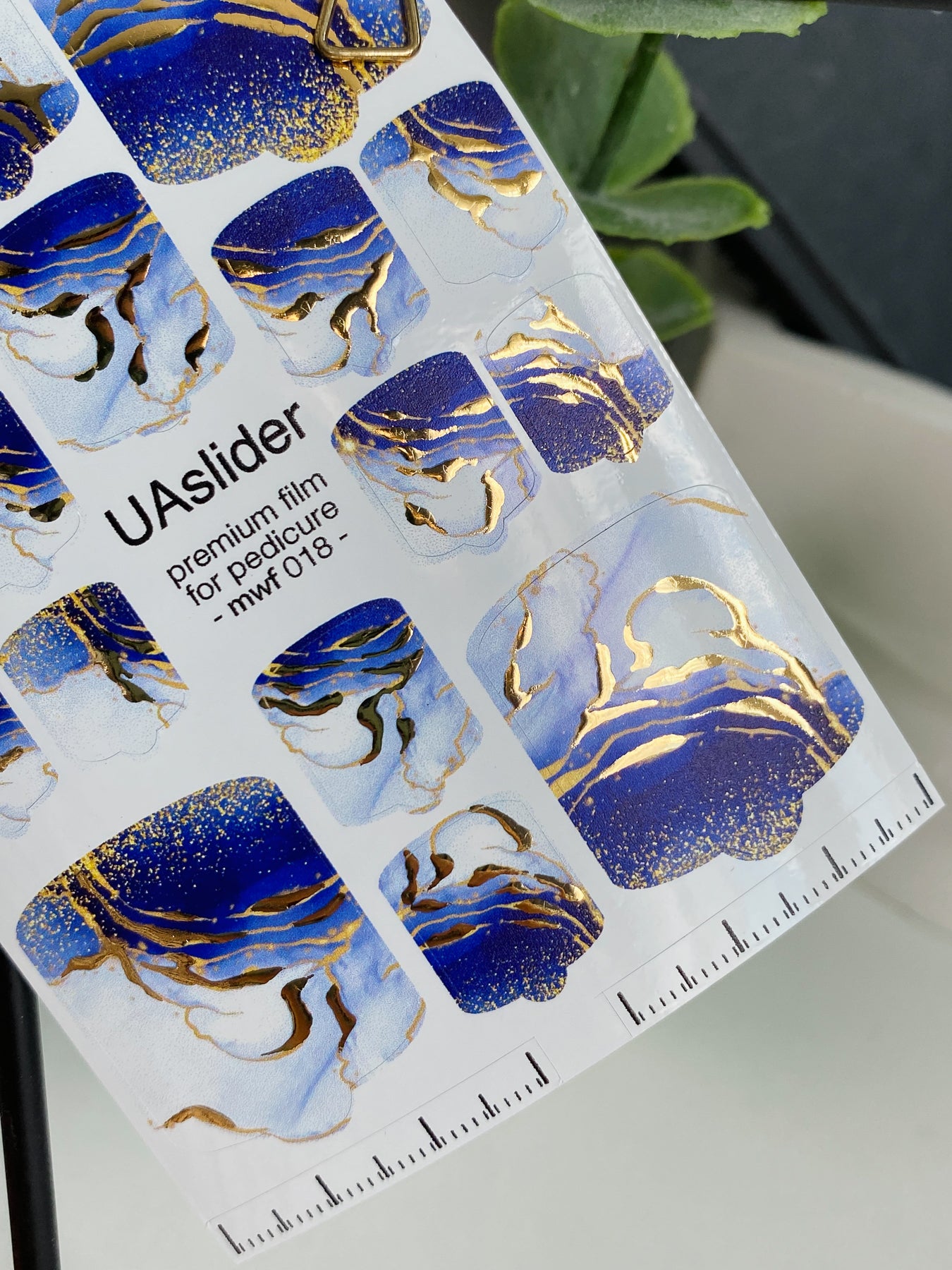 Pedicure nail wrap films mwf-018 | Nail Wrap Films for Pedicure | Blue White Marble with Gold Foil