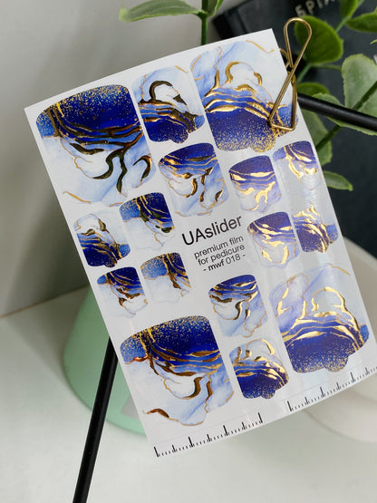 Filme pentru înfășurarea unghiilor pedichiură mwf-018 | Filme pentru înfășurarea unghiilor pedichiură | Marmură albastru alb cu folie aurie