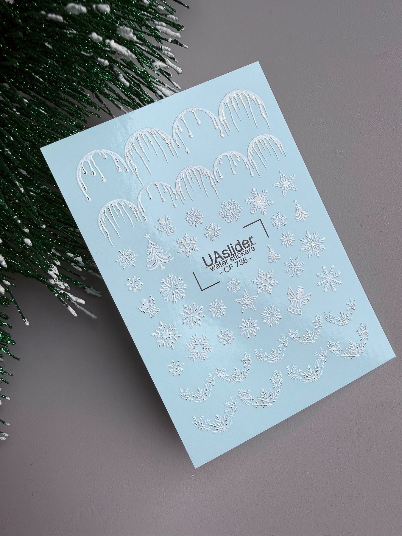 Nail Water Decal CF-736 | Water Slide Nail Decals | Silver Snowflakes and Icicles Design