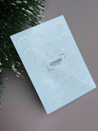 Nail Water Decal CF-736 | Water Slide Nail Decals | Silver Snowflakes and Icicles Design
