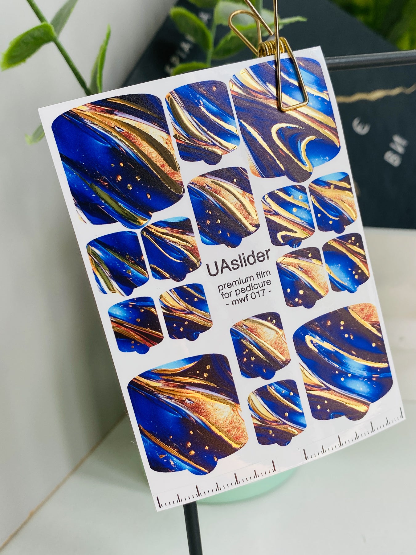 Pedicure nail wrap films mwf-017 | Nail Wrap Films for Pedicure | Deep Blue Marble with Gold Foil
