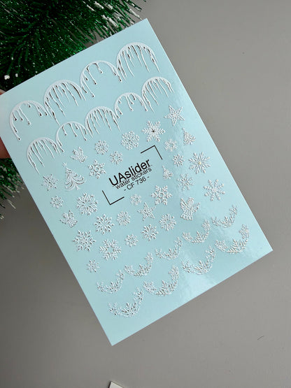 Nail Water Decal CF-736 | Water Slide Nail Decals | Silver Snowflakes and Icicles Design