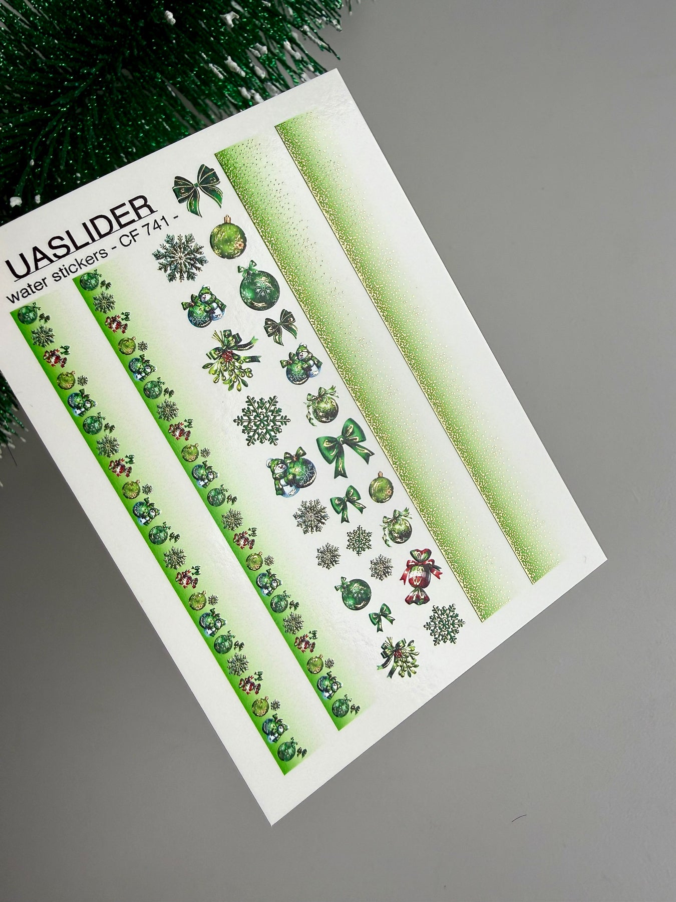 Nail Water Decal CF-741 | Water Slide Nail Decals | Green Christmas Ornaments & Snowflake Stripes