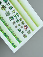 Nail Water Decal CF-741 | Water Slide Nail Decals | Green Christmas Ornaments & Snowflake Stripes