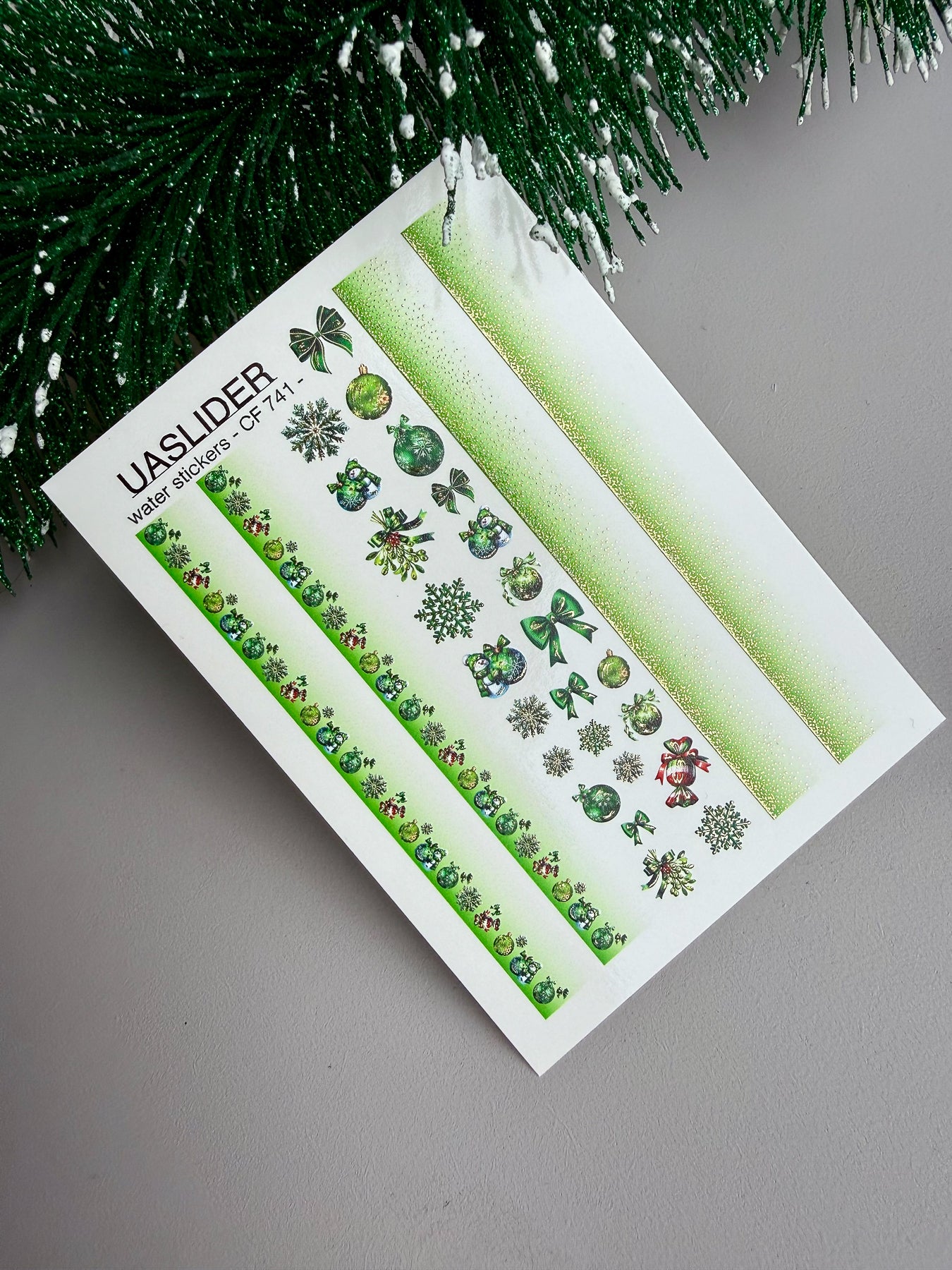 Nail Water Decal CF-741 | Water Slide Nail Decals | Green Christmas Ornaments & Snowflake Stripes