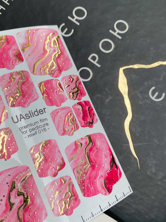 Pedicure nail wrap films mwf-016 | Nail Wrap Films for Pedicure | Pink Marble with Gold Foil