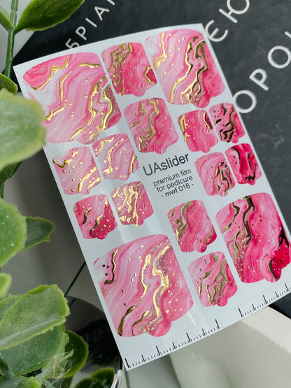Pedicure nail wrap films mwf-016 | Nail Wrap Films for Pedicure | Pink Marble with Gold Foil