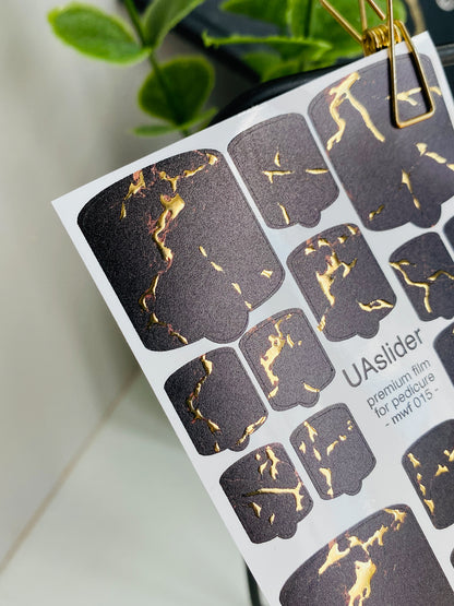 Pedicure nail wrap films mwf-015 | Nail Wrap Films for Pedicure | Black Marble with Gold Foil