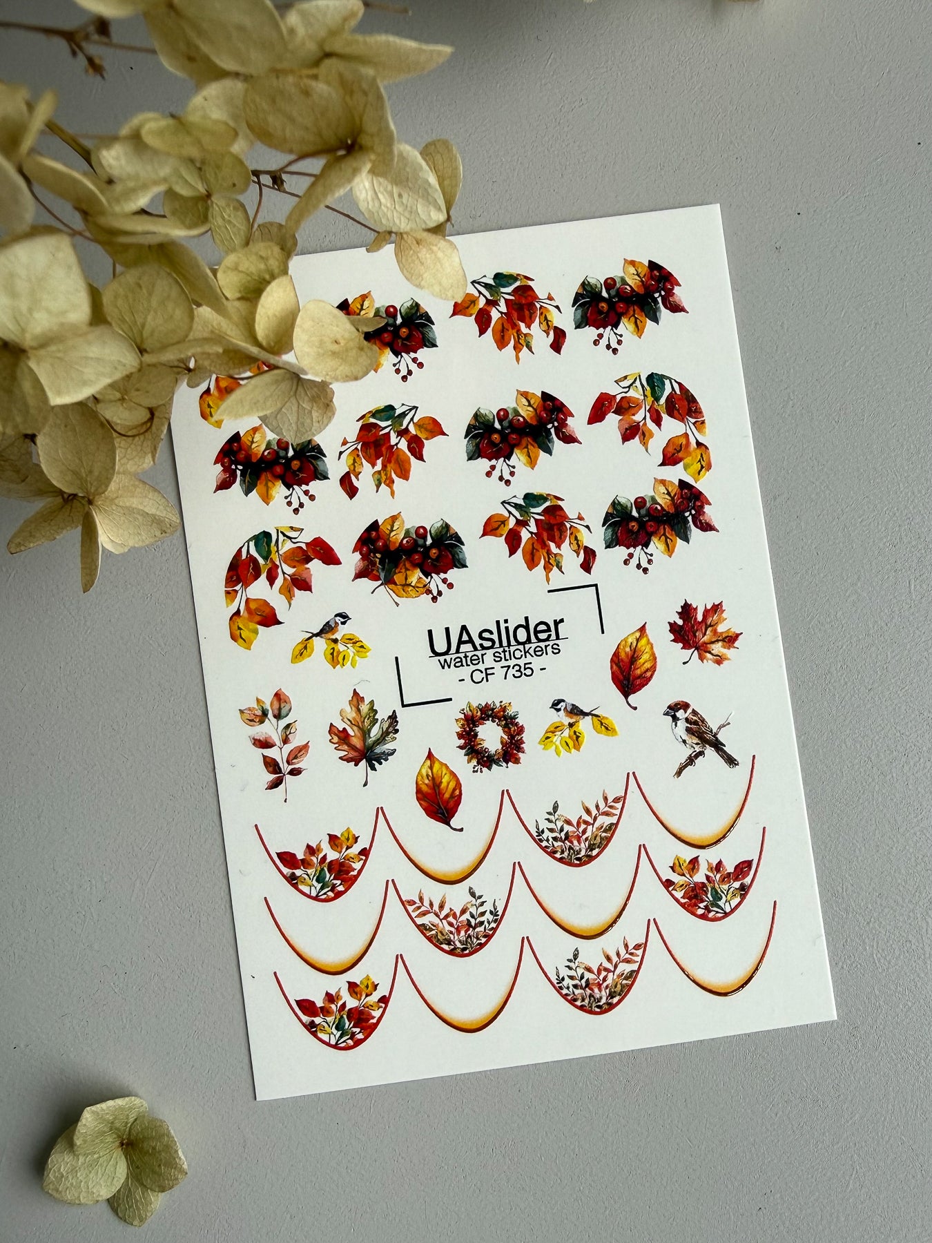 Nail Water Decal CF-735 | Water Slide Nail Decals | Autumn Leaves and Birds Design