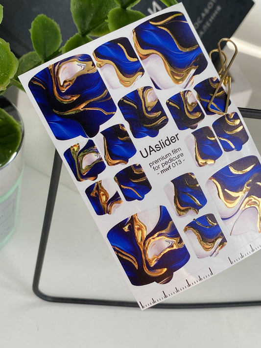 Pedicure nail wrap films mwf-013 | Nail Wrap Films for Pedicure | Blue White Marble with Gold Foil