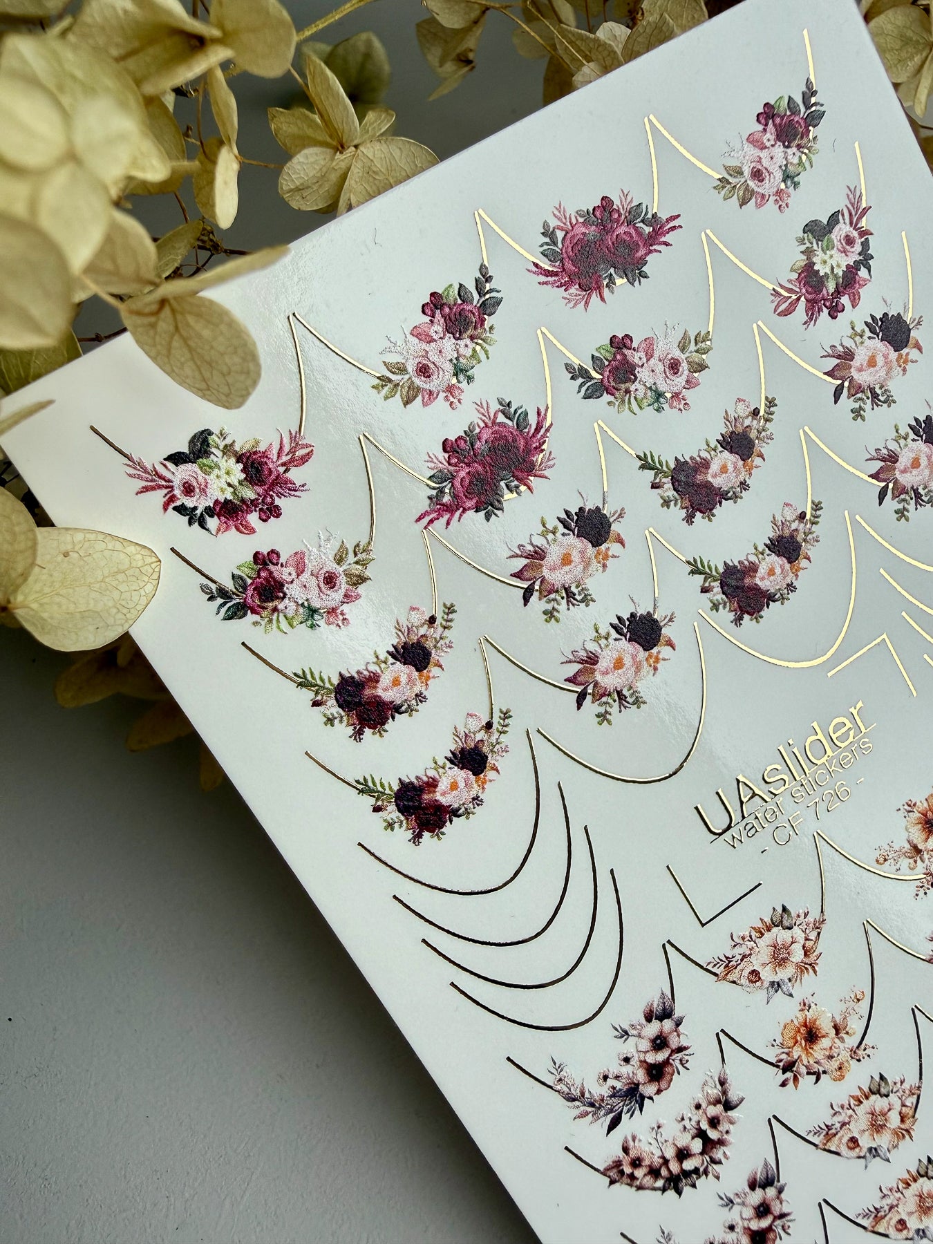 Nail Water Decal CF-726 | Water Slide Nail Decals | Burgundy & Beige Floral Arches Nail Art