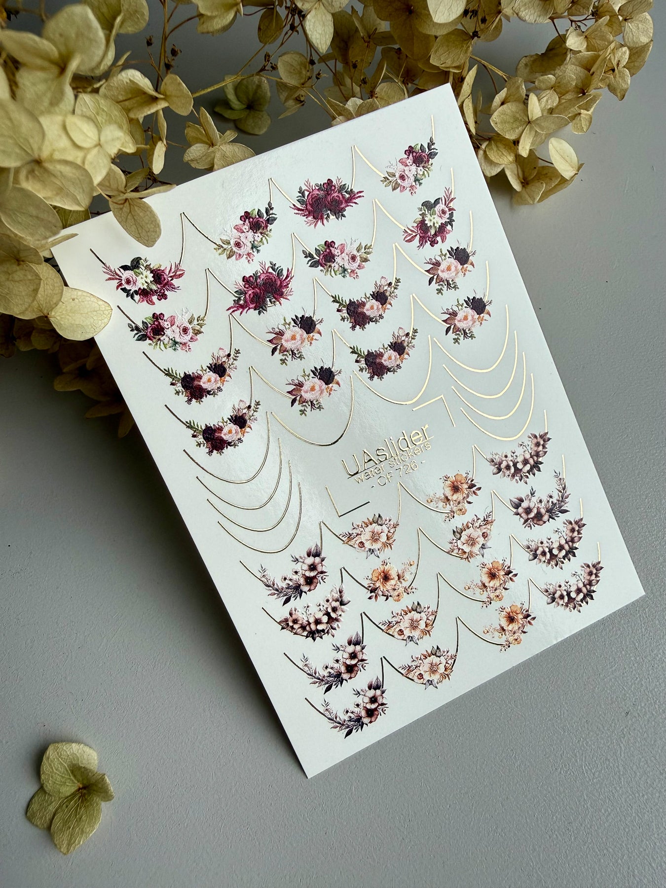 Nail Water Decal CF-726 | Water Slide Nail Decals | Burgundy & Beige Floral Arches Nail Art