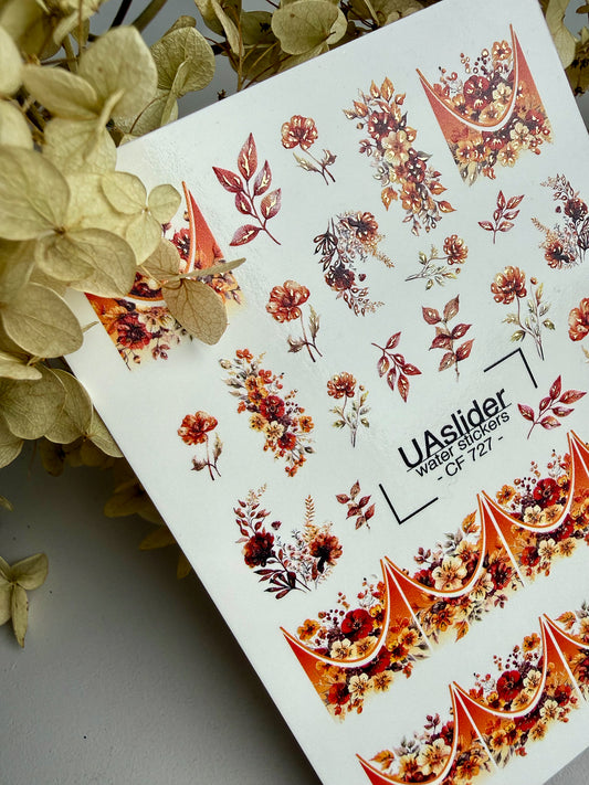 Nail Water Decal CF-727 | Water Slide Nail Decals | Warm Autumn Floral Nail Art with Golden Arches