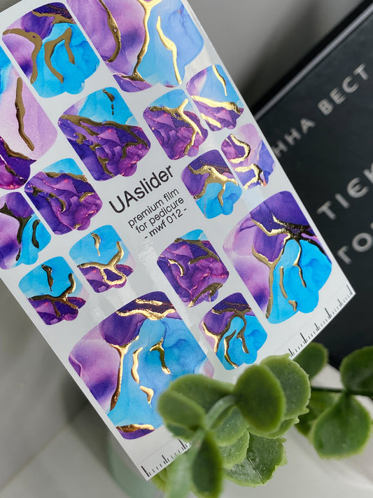 Pedicure nail wrap films mwf-012 | Nail Wrap Films for Pedicure | Blue Purple Marble with Gold Foil