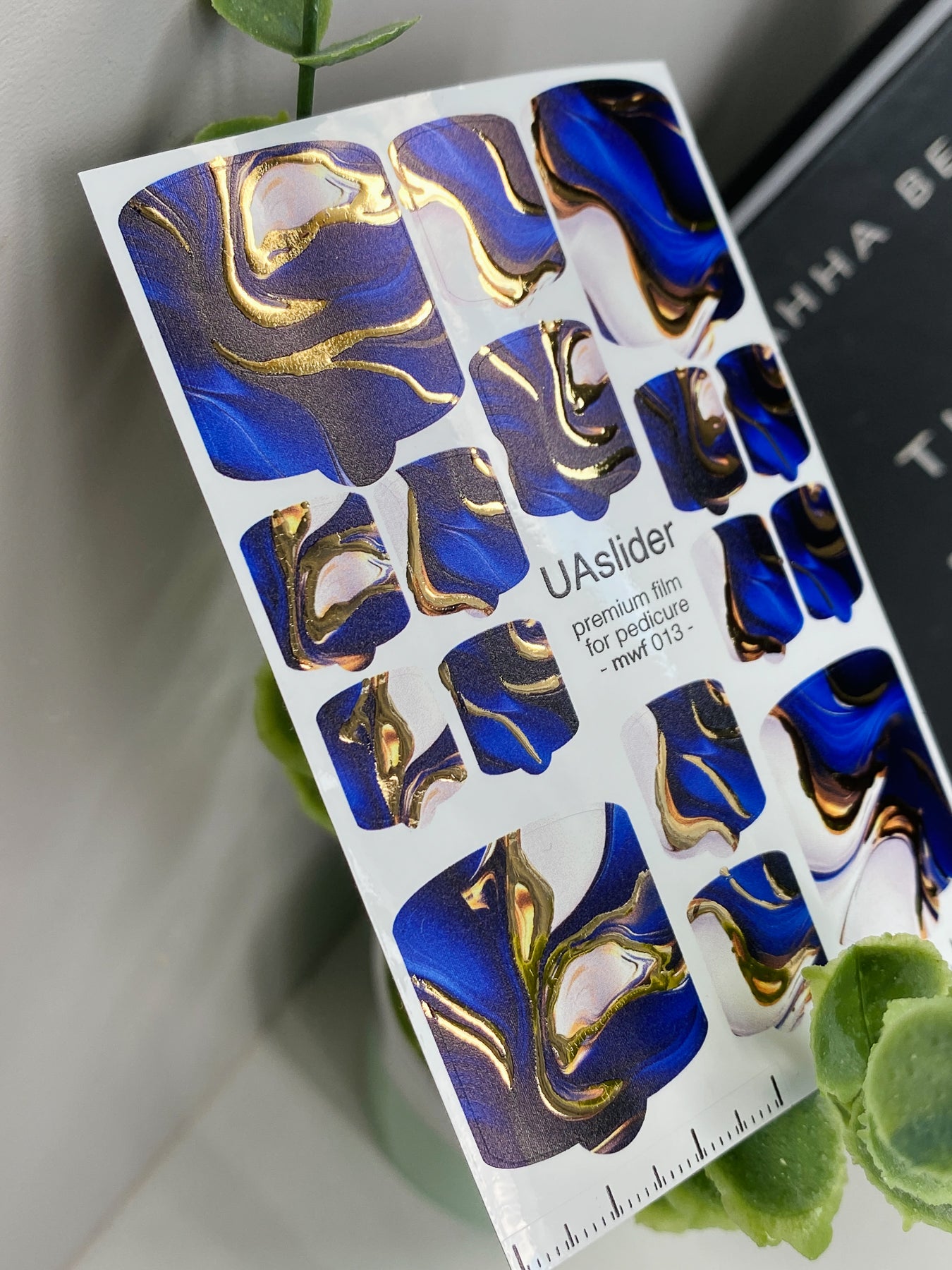 Pedicure nail wrap films mwf-013 | Nail Wrap Films for Pedicure | Blue White Marble with Gold Foil