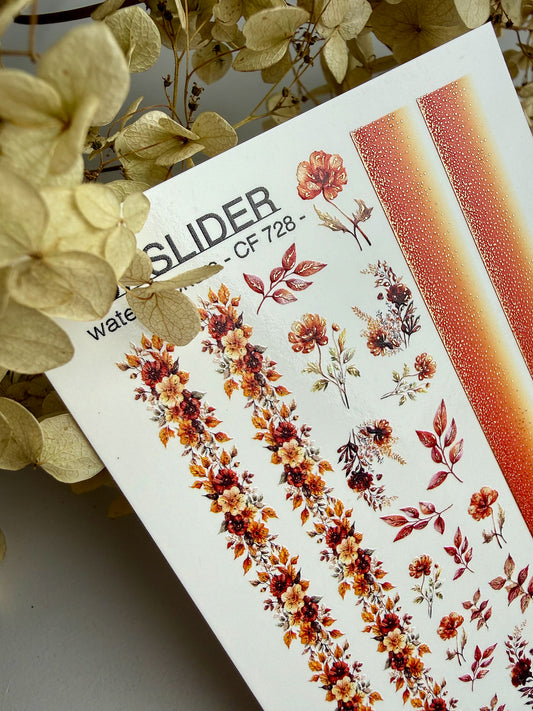 Nail Water Decal CF-728 | Water Slide Nail Decals | Autumn Floral Stripes Nail Art in Warm Shades