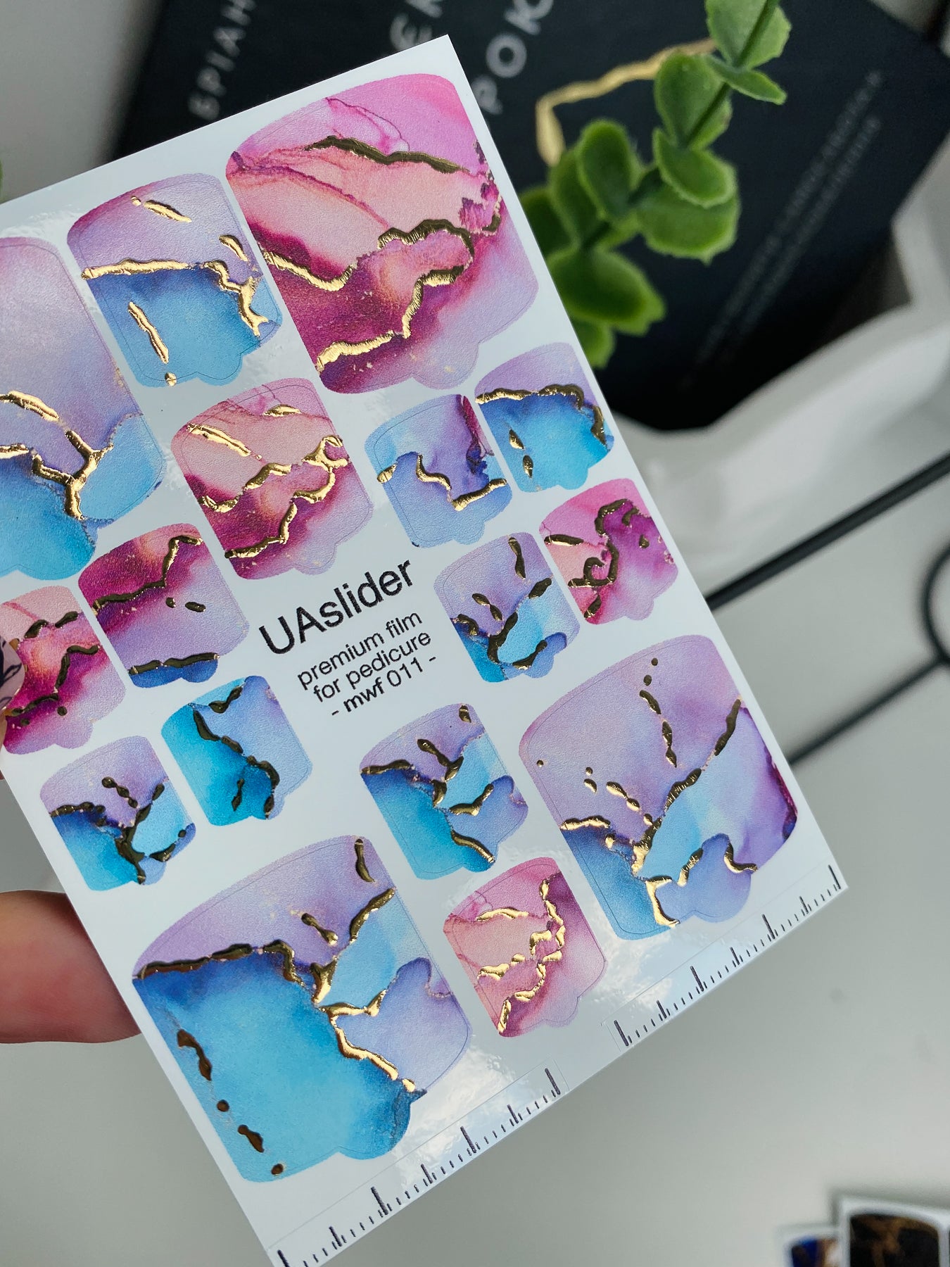 Pedicure nail wrap films mwf-011 | Nail Wrap Films for Pedicure | Pink Blue Marble with Gold Foil