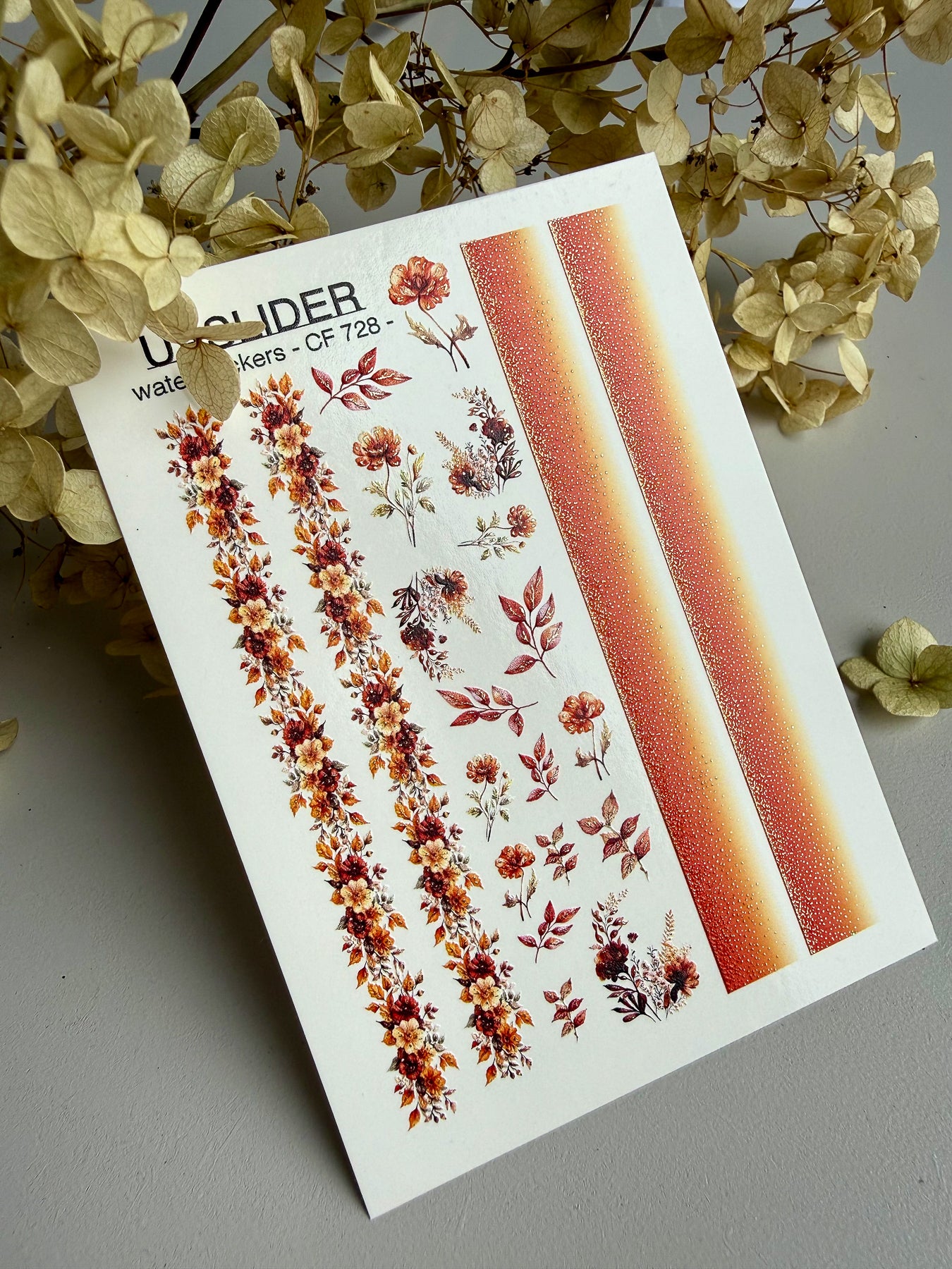 Nail Water Decal CF-728 | Water Slide Nail Decals | Autumn Floral Stripes Nail Art in Warm Shades