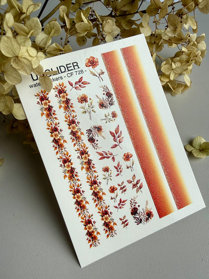 Nail Water Decal CF-728 | Water Slide Nail Decals | Autumn Floral Stripes Nail Art in Warm Shades