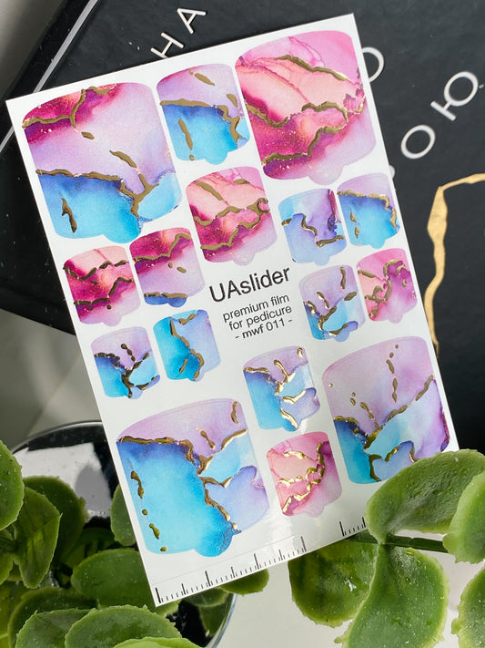 Pedicure nail wrap films mwf-011 | Nail Wrap Films for Pedicure | Pink Blue Marble with Gold Foil