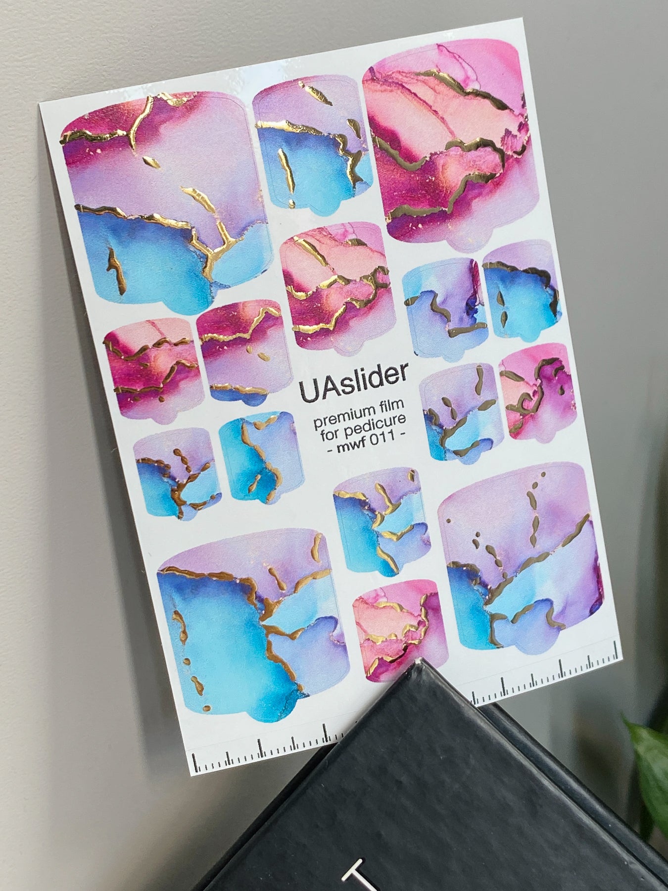 Pedicure nail wrap films mwf-011 | Nail Wrap Films for Pedicure | Pink Blue Marble with Gold Foil