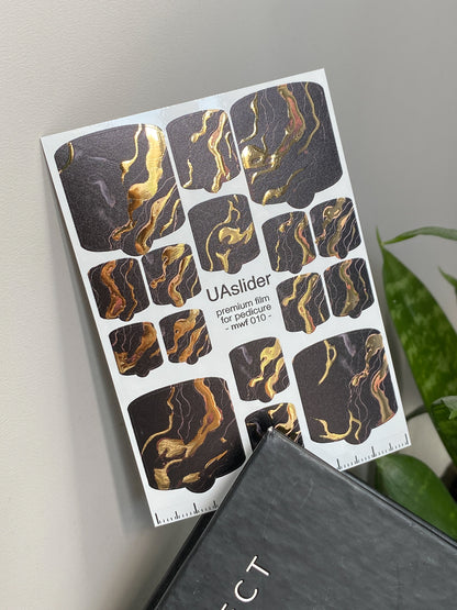 Pedicure nail wrap films mwf-010 | Nail Wrap Films for Pedicure | Dark Marble with Gold Foil