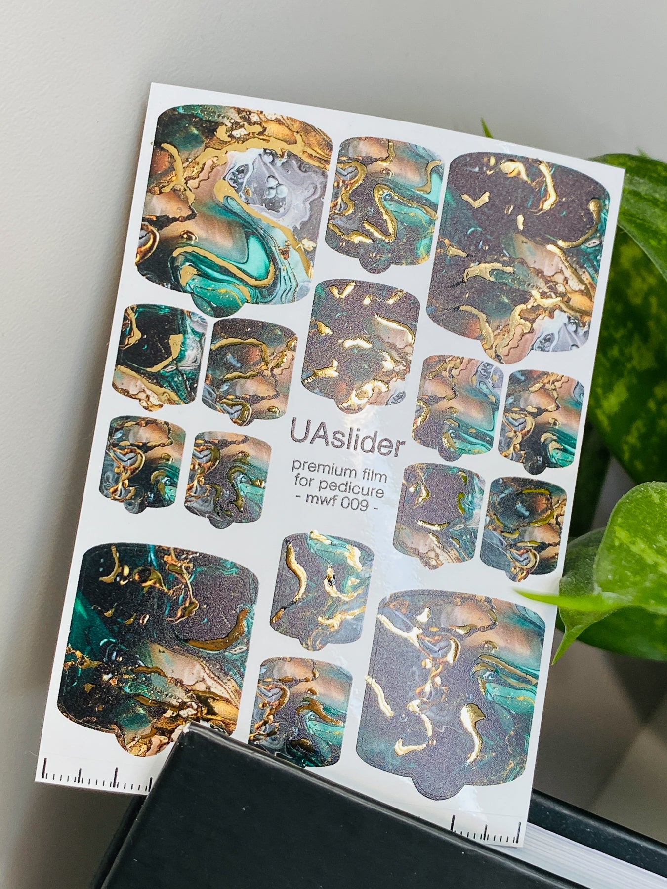 Pedicure nail wrap films mwf-009 | Nail Wrap Films for Pedicure | Emerald Gray Marble with Gold Foil