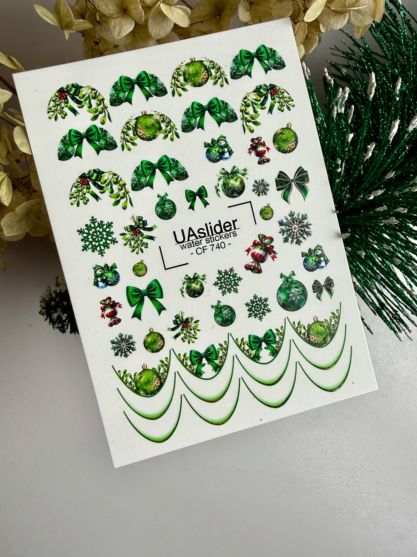 Adesivo per unghie CF-740 | Adesivi per unghie a scivolamento ad acqua | Ornamenti natalizi verdi e fiocchi festivi
