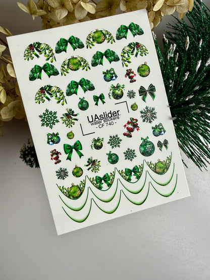 Adesivo per unghie CF-740 | Adesivi per unghie a scivolamento ad acqua | Ornamenti natalizi verdi e fiocchi festivi