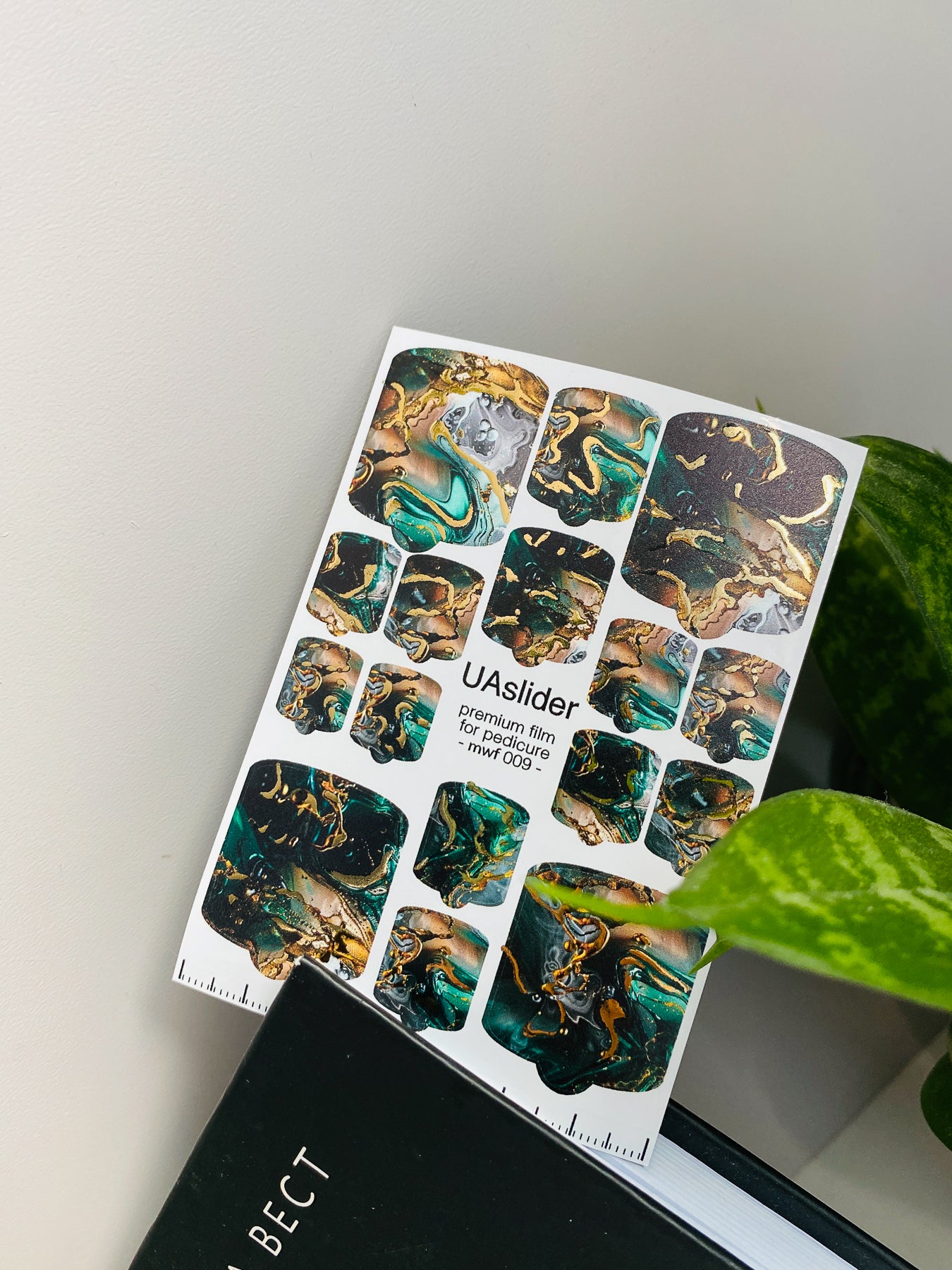 Pedicure nail wrap films mwf-009 | Nail Wrap Films for Pedicure | Emerald Gray Marble with Gold Foil