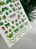 Nail Water Decal CF-740 | Water Slide Nail Decals | Green Christmas Ornaments and Festive Bows