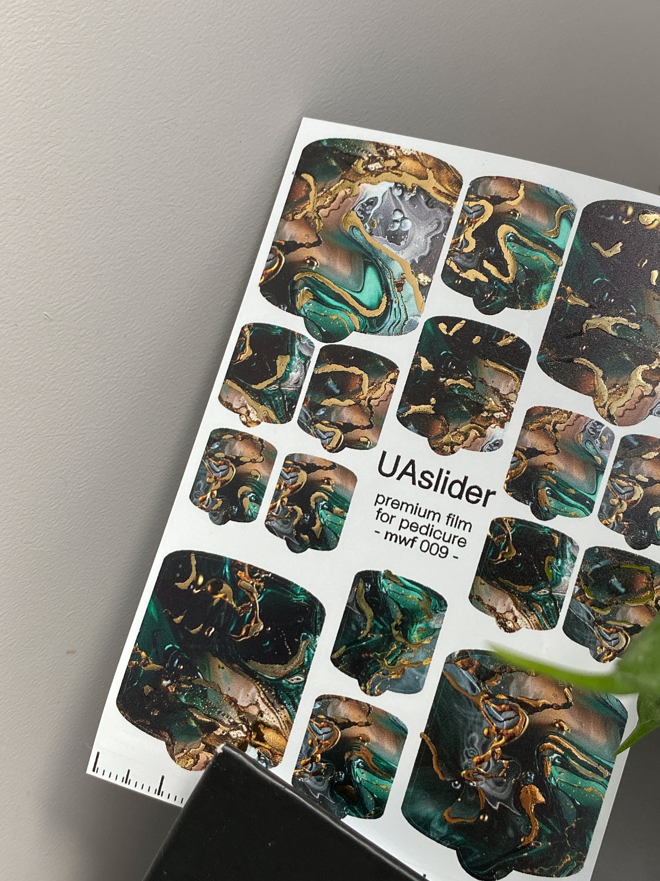 Pedicure nail wrap films mwf-009 | Nail Wrap Films for Pedicure | Emerald Gray Marble with Gold Foil