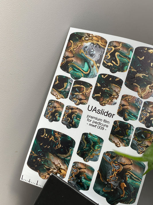 Pedicure nail wrap films mwf-009 | Nail Wrap Films for Pedicure | Emerald Gray Marble with Gold Foil