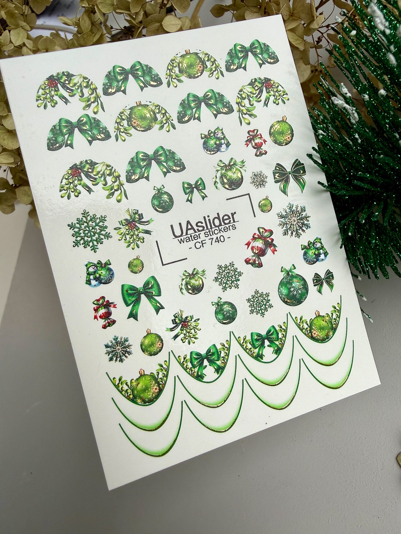 Adesivo per unghie CF-740 | Adesivi per unghie a scivolamento ad acqua | Ornamenti natalizi verdi e fiocchi festivi