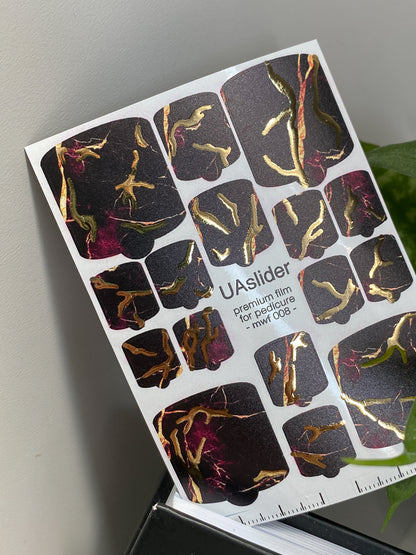 Pedicure nail wrap films mwf-008 | Nail Wrap Films for Pedicure | Black Burgundy Marble with Gold Foil