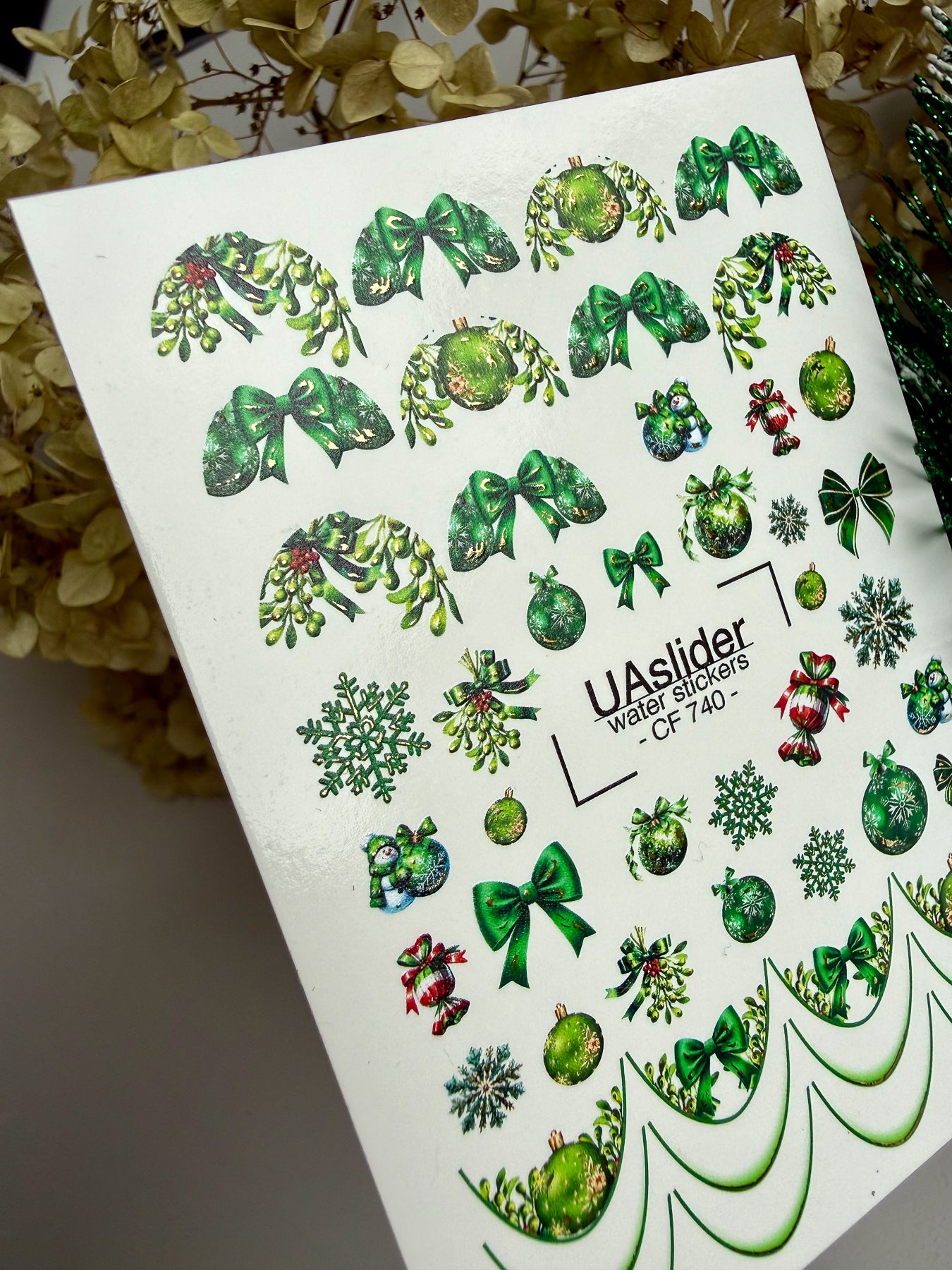 Adesivo per unghie CF-740 | Adesivi per unghie a scivolamento ad acqua | Ornamenti natalizi verdi e fiocchi festivi