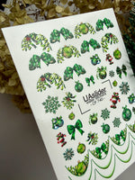 Nail Water Decal CF-740 | Water Slide Nail Decals | Green Christmas Ornaments and Festive Bows