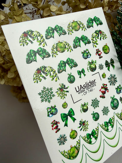 Adesivo per unghie CF-740 | Adesivi per unghie a scivolamento ad acqua | Ornamenti natalizi verdi e fiocchi festivi