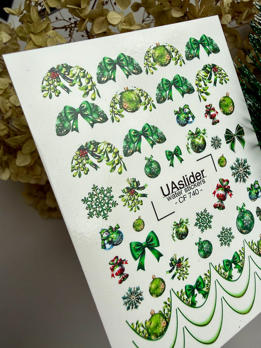 Nail Water Decal CF-740 | Water Slide Nail Decals | Green Christmas Ornaments and Festive Bows