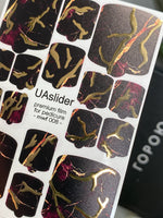 Pedicure nail wrap films mwf-008 | Nail Wrap Films for Pedicure | Black Burgundy Marble with Gold Foil