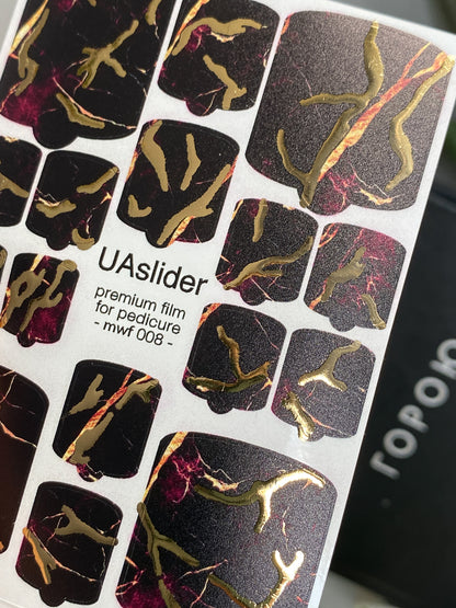 Pedicure nail wrap films mwf-008 | Nail Wrap Films for Pedicure | Black Burgundy Marble with Gold Foil