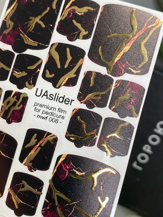 Pedicure nail wrap films mwf-008 | Nail Wrap Films for Pedicure | Black Burgundy Marble with Gold Foil