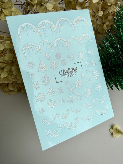 Nail Water Decal CF-736 | Water Slide Nail Decals | Silver Snowflakes and Icicles Design