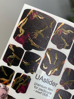 Pedicure nail wrap films mwf-008 | Nail Wrap Films for Pedicure | Black Burgundy Marble with Gold Foil