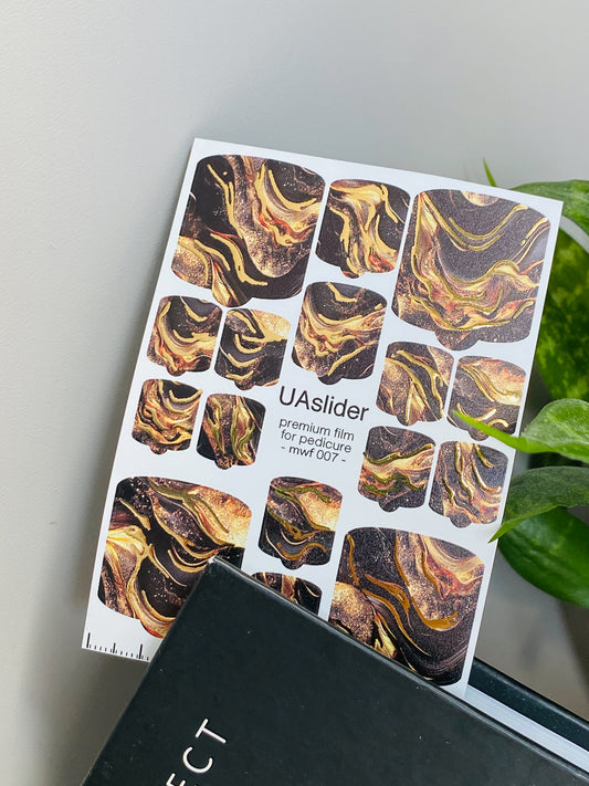 Pedicure nail wrap films mwf-007 | Nail Wrap Films for Pedicure | Black Bronze Marble with Gold Foil