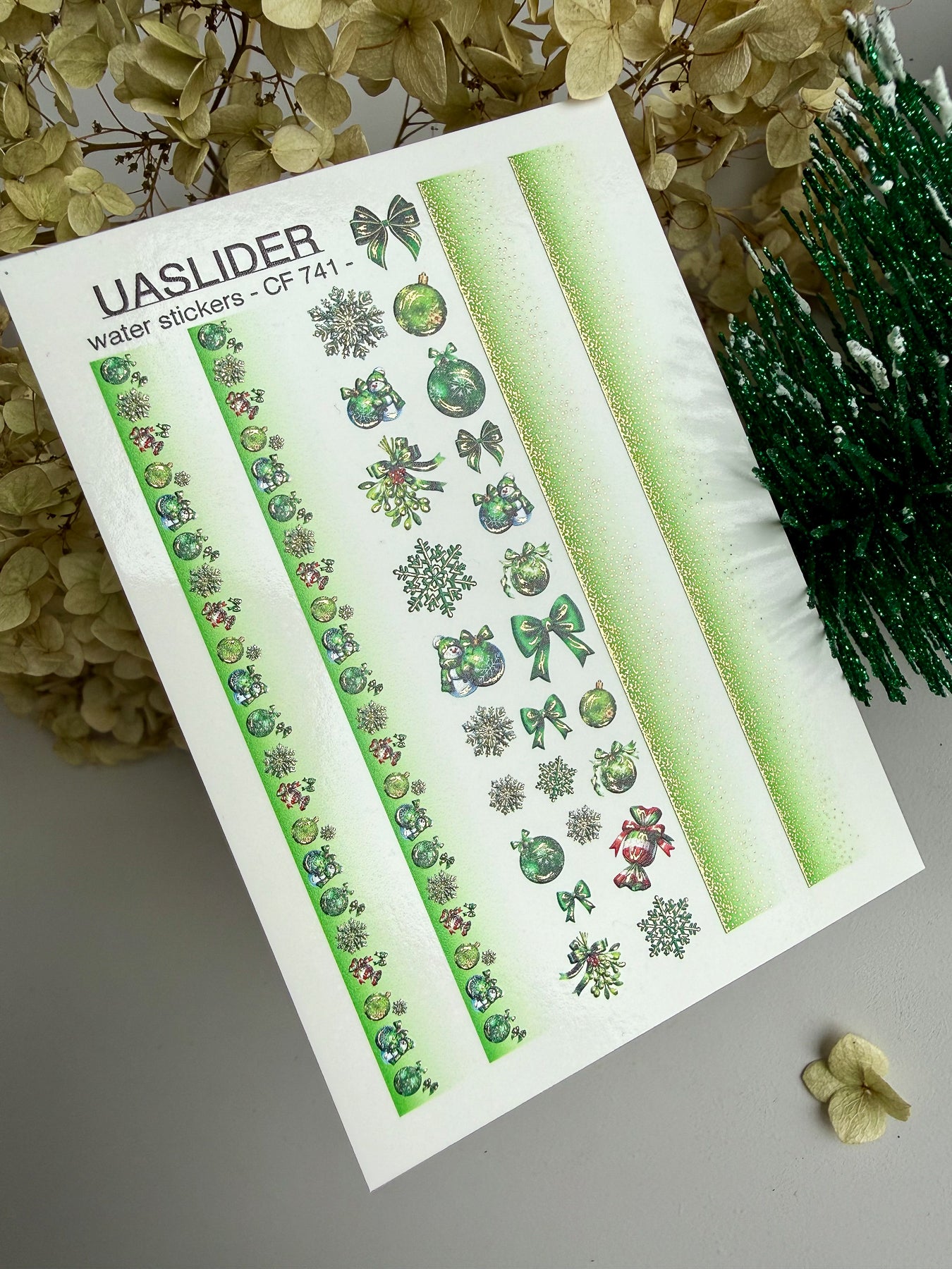 Nail Water Decal CF-741 | Water Slide Nail Decals | Green Christmas Ornaments & Snowflake Stripes
