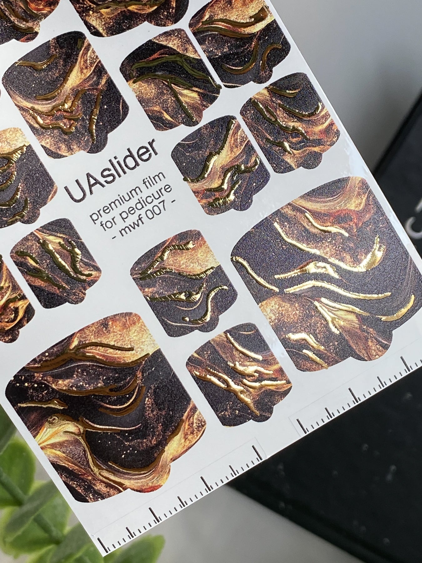 Pedicure nail wrap films mwf-007 | Nail Wrap Films for Pedicure | Black Bronze Marble with Gold Foil